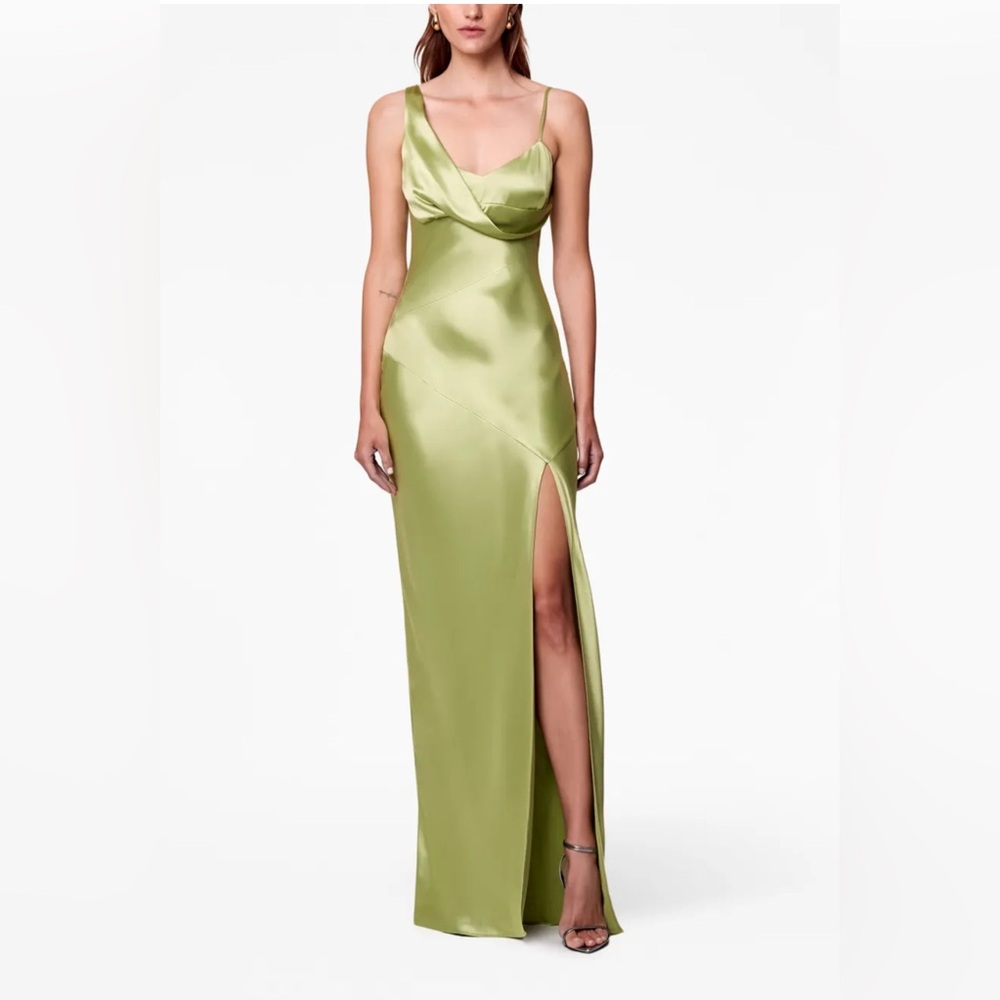 NICHOLAS Duna Satin Green Slit Cowl Neck Gown